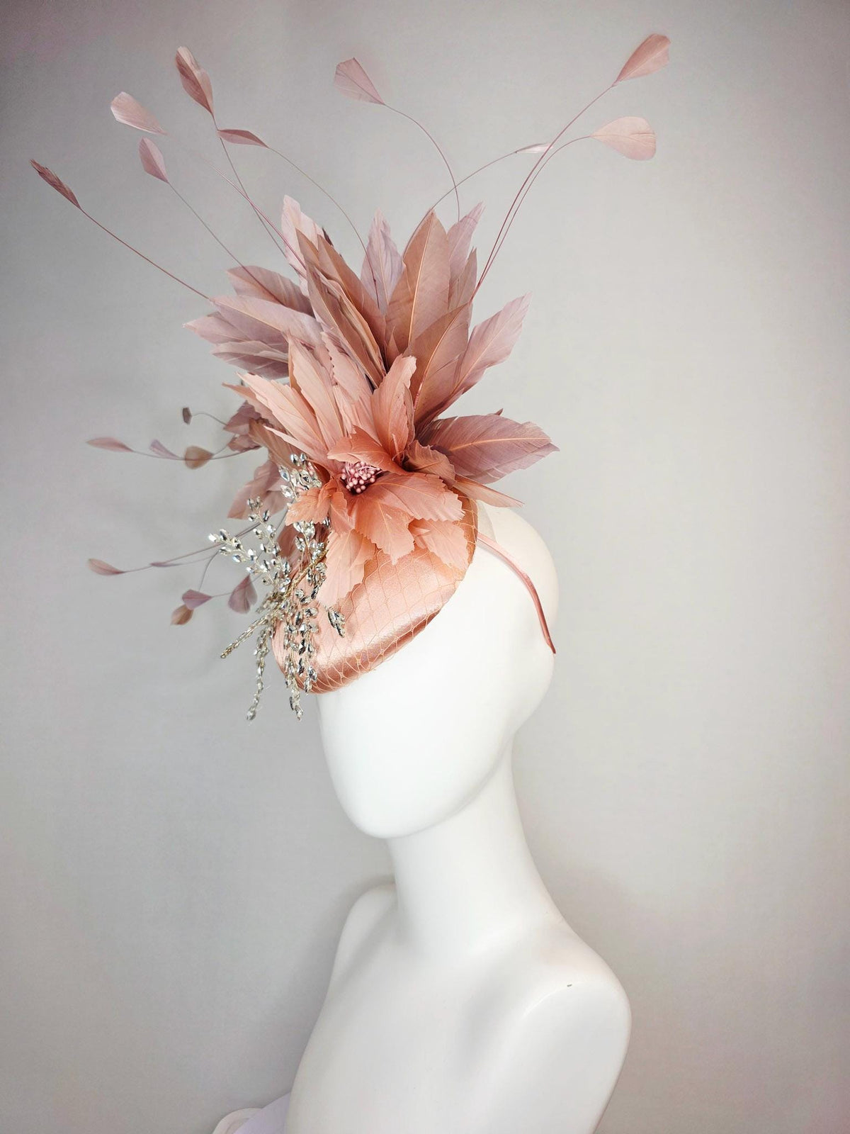 kentucky derby hat fascinator champagne pink satin with netting leaf vine clear crystal rhinestone fluffy dusty rose mauve pink feathers