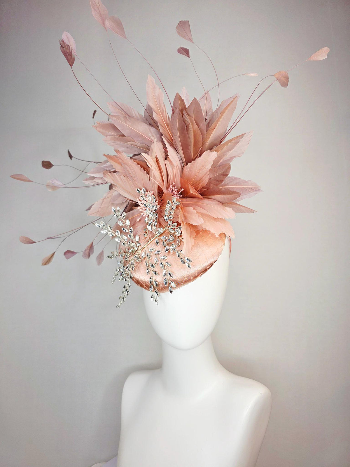 kentucky derby hat fascinator champagne pink satin with netting leaf vine clear crystal rhinestone fluffy dusty rose mauve pink feathers