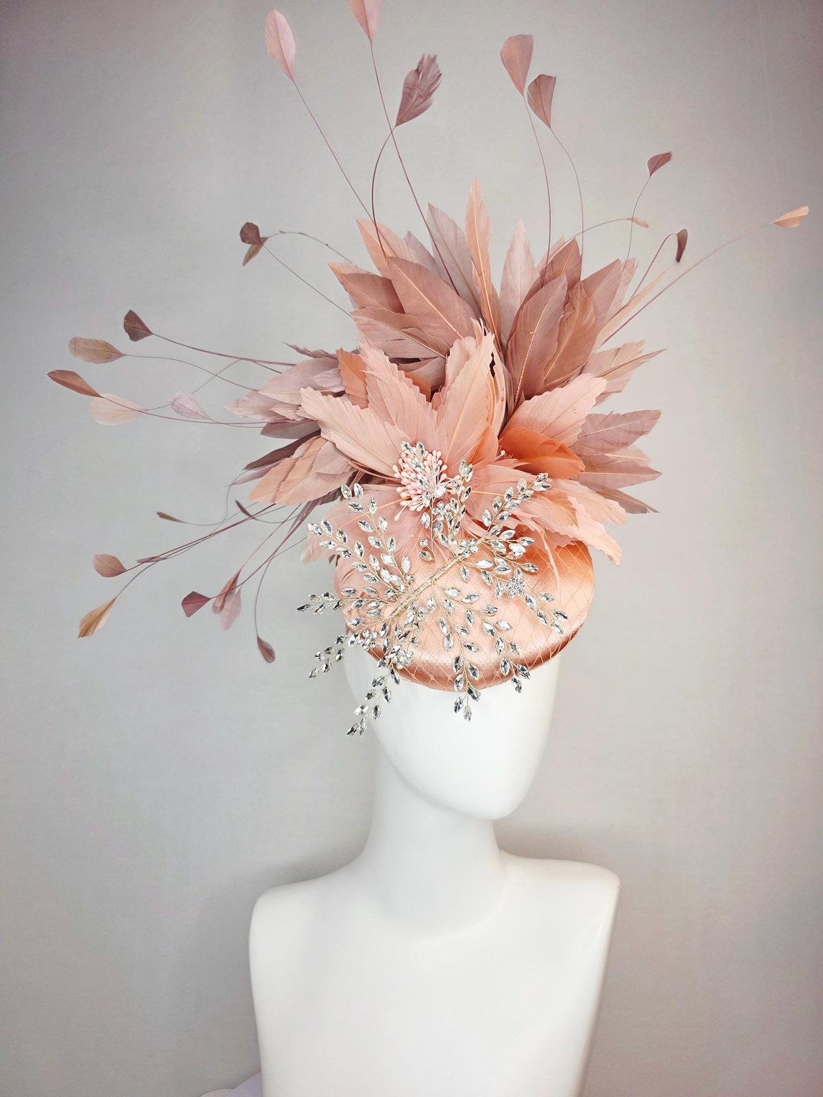 kentucky derby hat fascinator champagne pink satin with netting leaf vine clear crystal rhinestone fluffy dusty rose mauve pink feathers