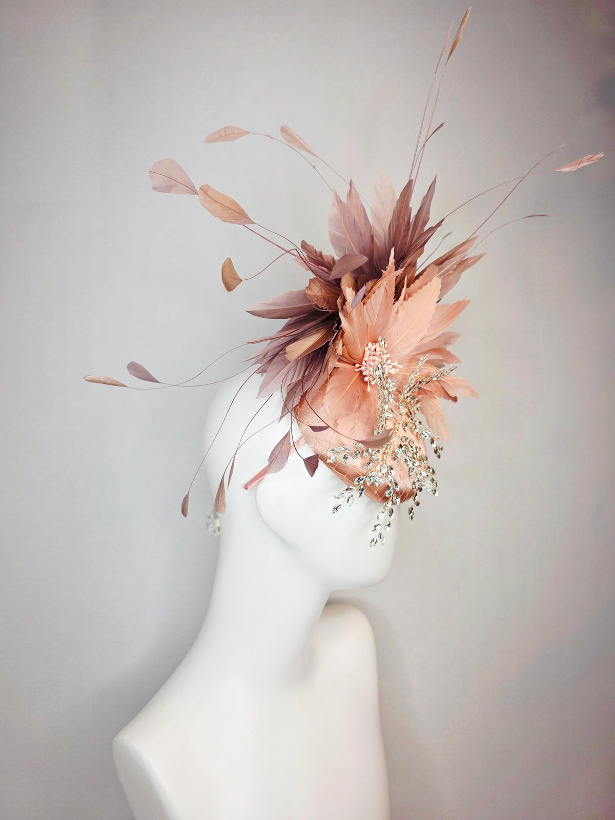 kentucky derby hat fascinator champagne pink satin with netting leaf vine clear crystal rhinestone fluffy dusty rose mauve pink feathers