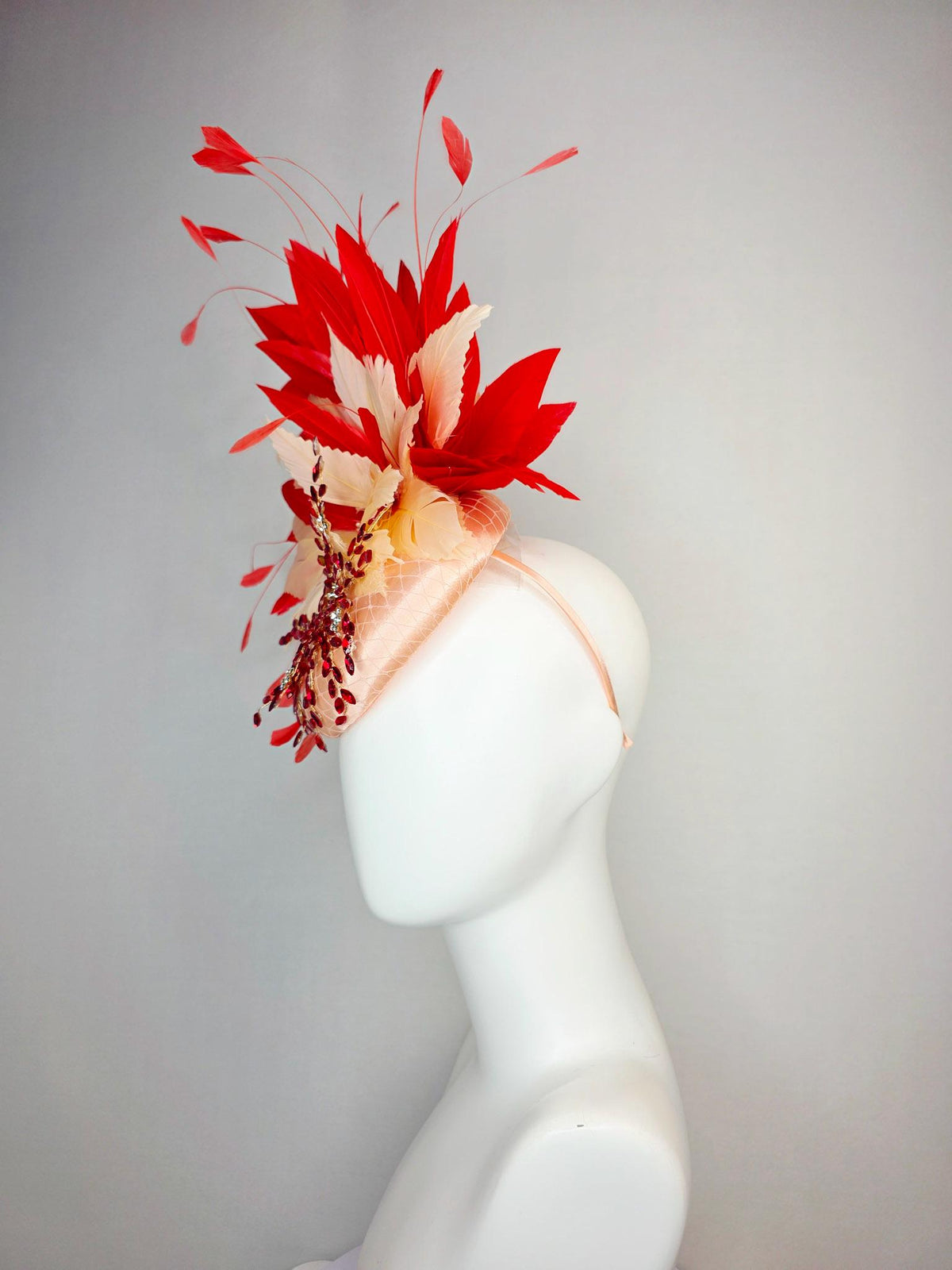 kentucky derby hat fascinator champagne pink satin with netting leaf vine red crystal rhinestone fluffy cream beige scarlet red feathers