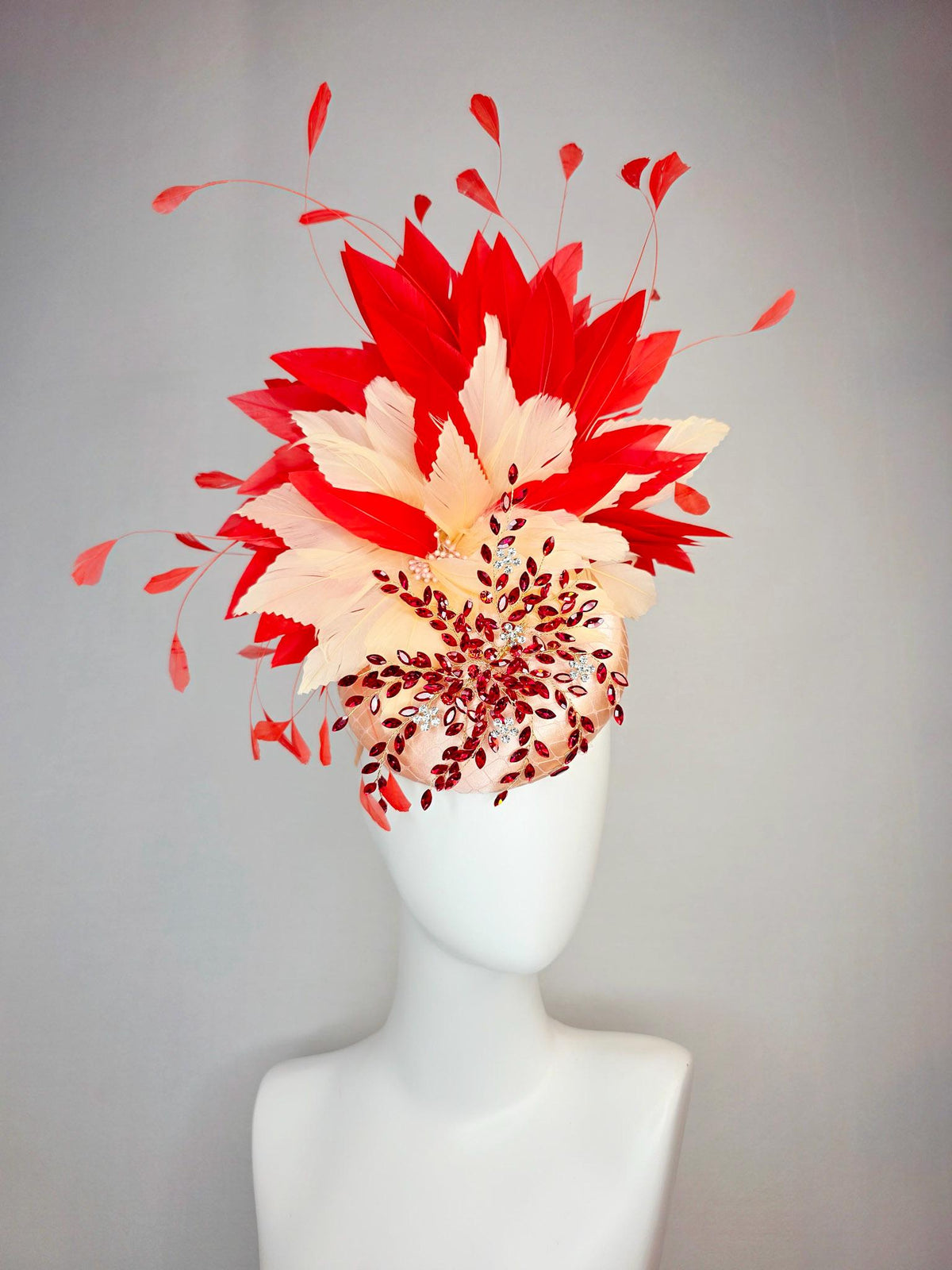 kentucky derby hat fascinator champagne pink satin with netting leaf vine red crystal rhinestone fluffy cream beige scarlet red feathers