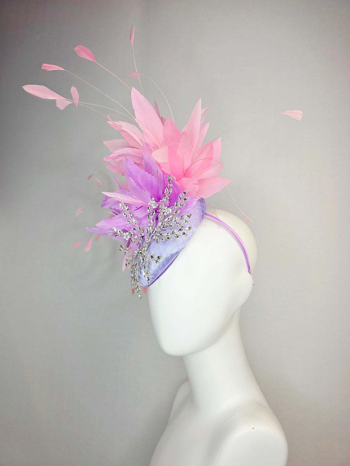 kentucky derby hat fascinator lavender purple satin with netting leaf vine crystal clear rhinestone fluffy lilac purple baby pink feathers