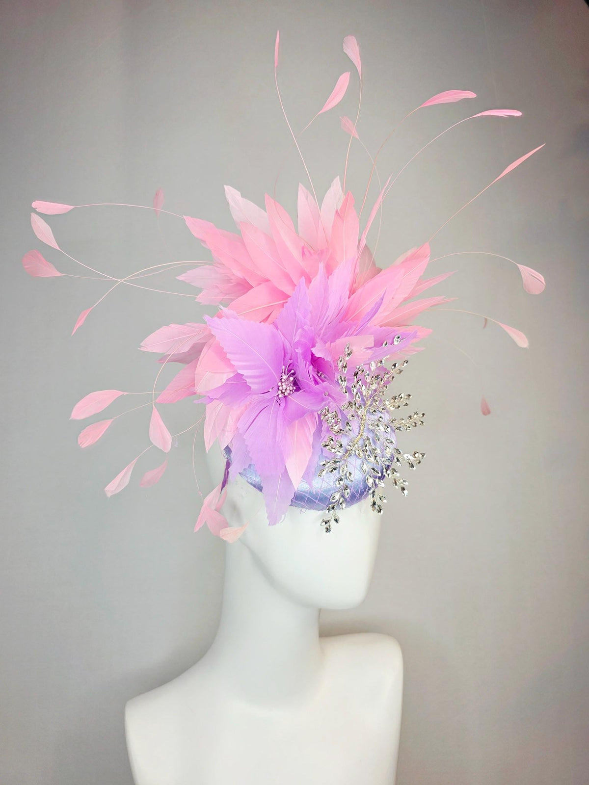 kentucky derby hat fascinator lavender purple satin with netting leaf vine crystal clear rhinestone fluffy lilac purple baby pink feathers