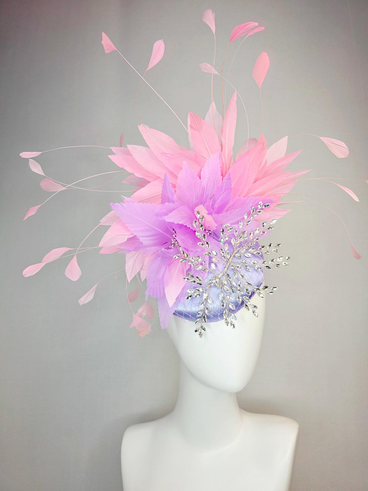 kentucky derby hat fascinator lavender purple satin with netting leaf vine crystal clear rhinestone fluffy lilac purple baby pink feathers
