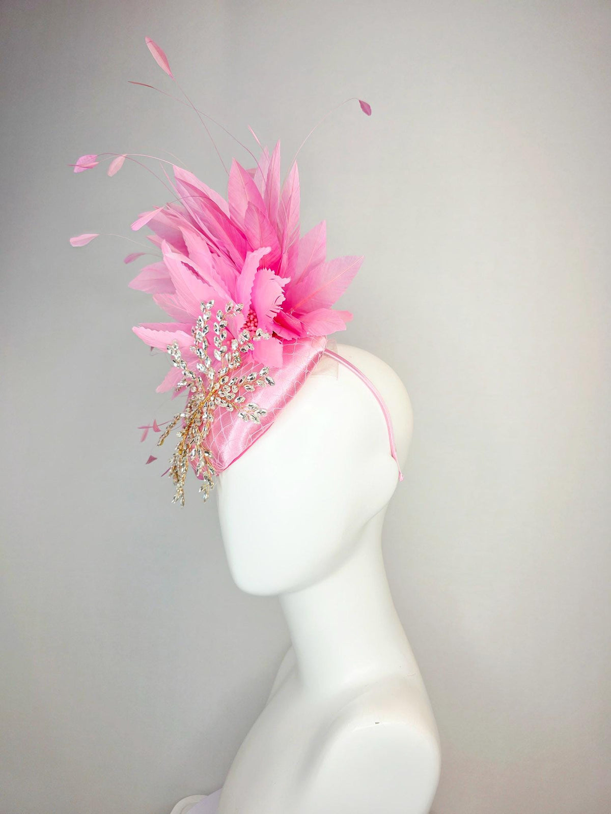 kentucky derby hat fascinator light pink satin with netting leaf vine clear crystal rhinestone fluffy blush baby pink feathers