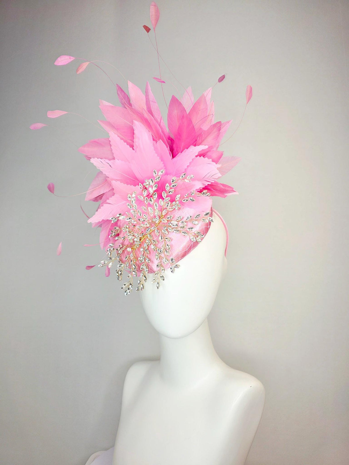 kentucky derby hat fascinator light pink satin with netting leaf vine clear crystal rhinestone fluffy blush baby pink feathers
