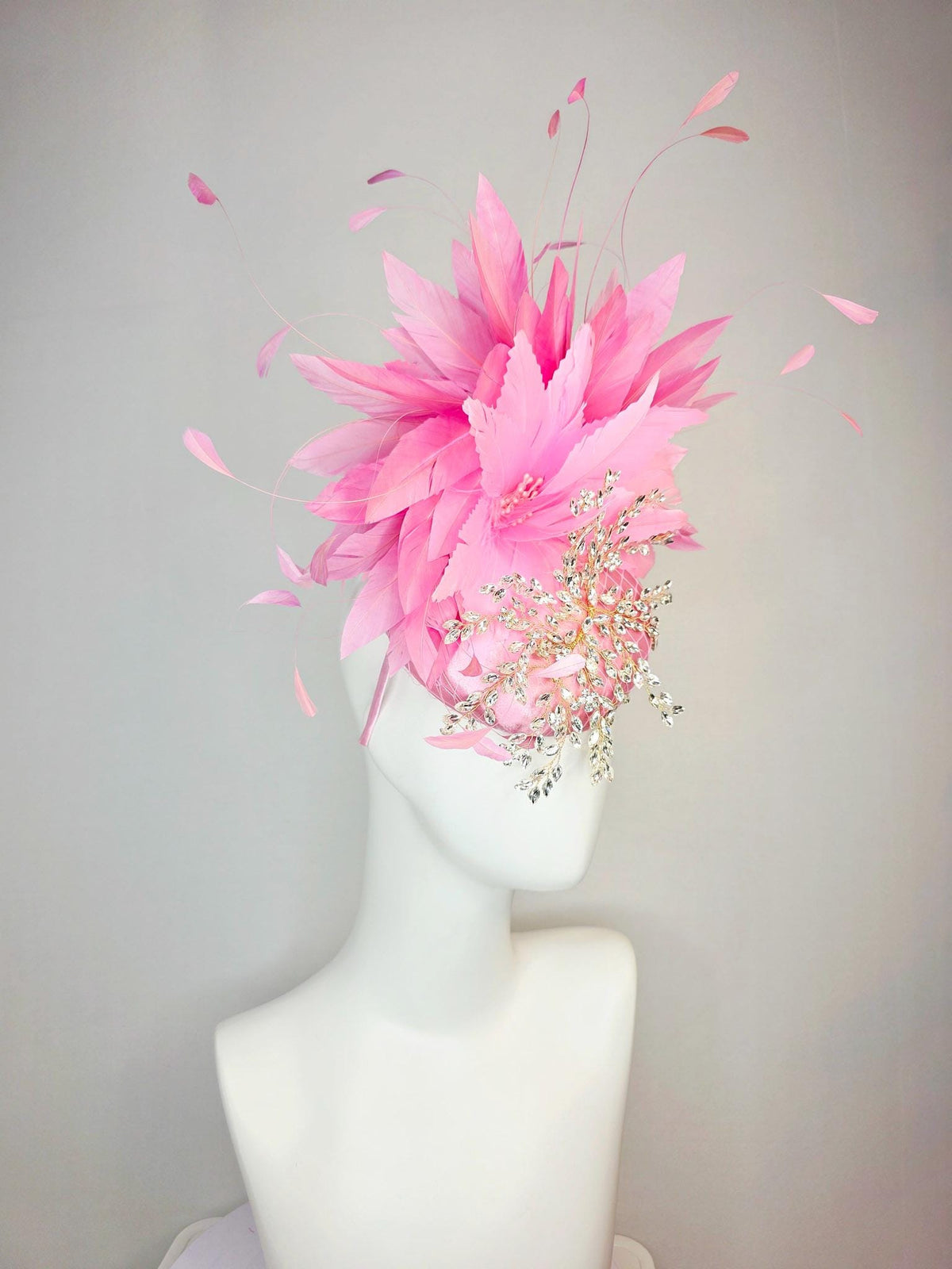 kentucky derby hat fascinator light pink satin with netting leaf vine clear crystal rhinestone fluffy blush baby pink feathers