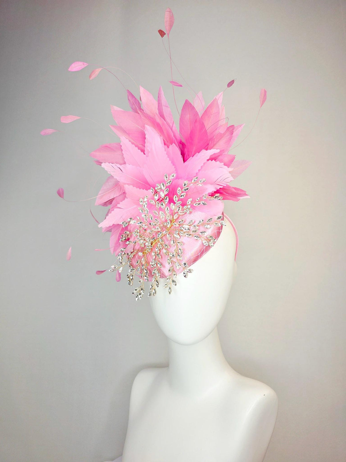 kentucky derby hat fascinator light pink satin with netting leaf vine clear crystal rhinestone fluffy blush baby pink feathers