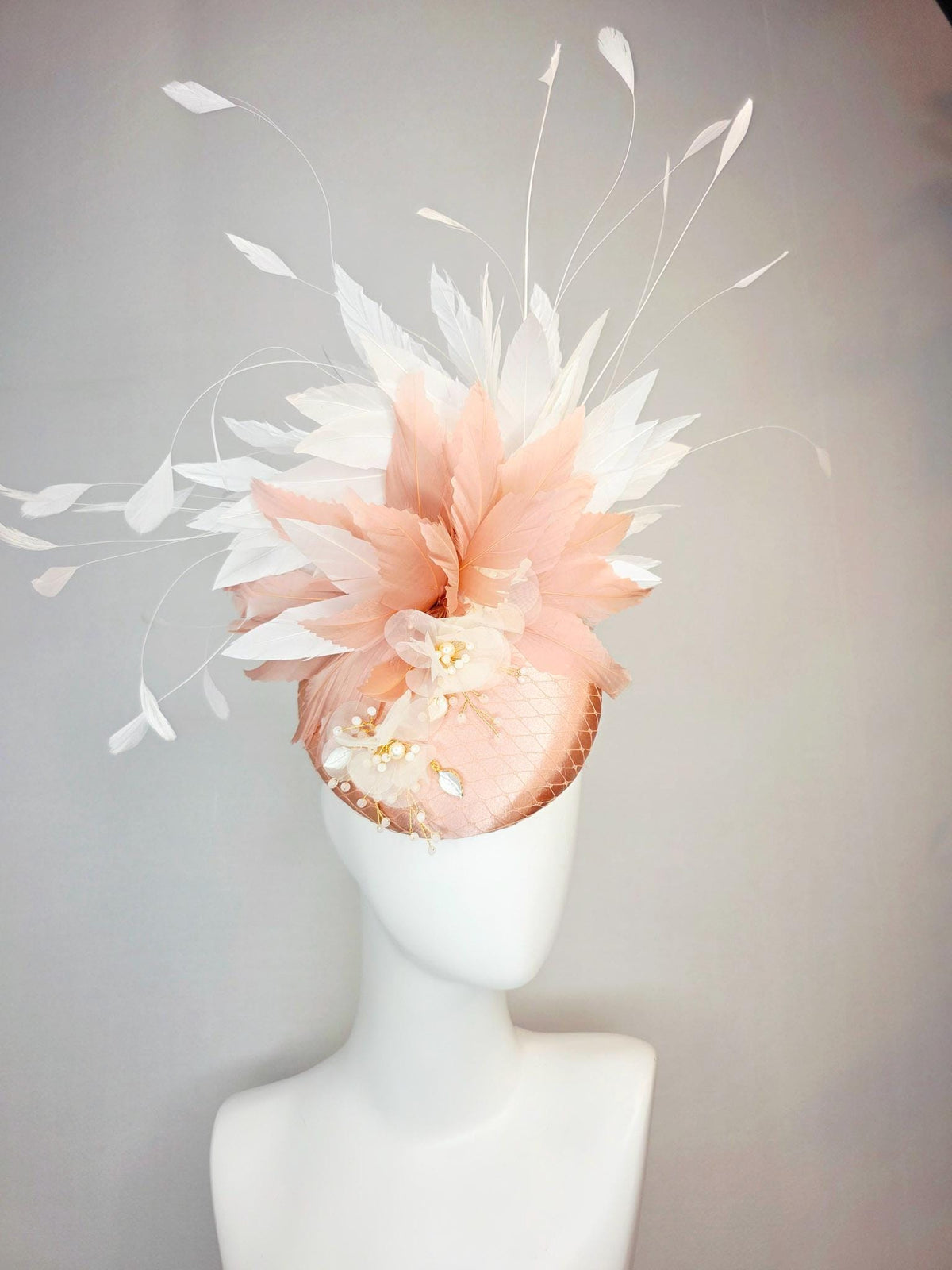 kentucky derby hat fascinator champagne pink satin with netting white organza flowers pearl strings dusty pink and white branching feathers