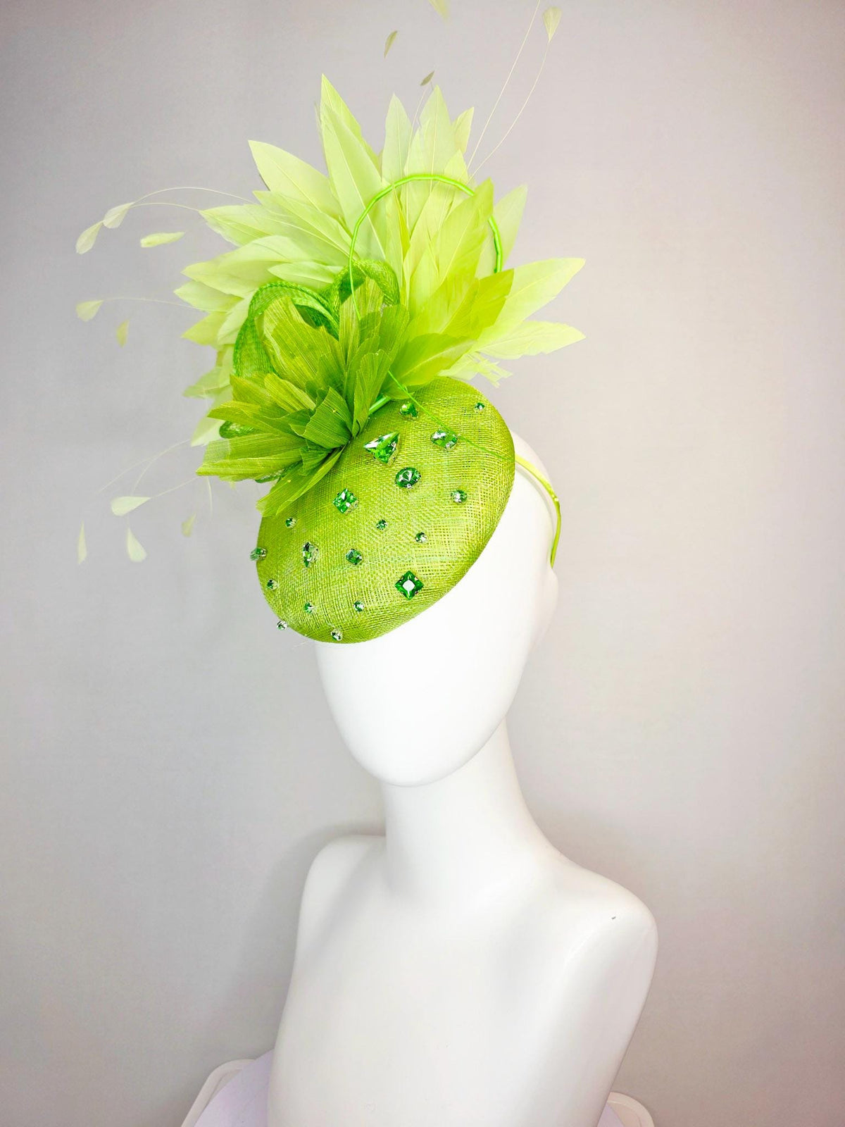 kentucky derby hat fascinator lime green sinamay with green crystal rhinestone jewels lime green flower chartreuse light green feathers