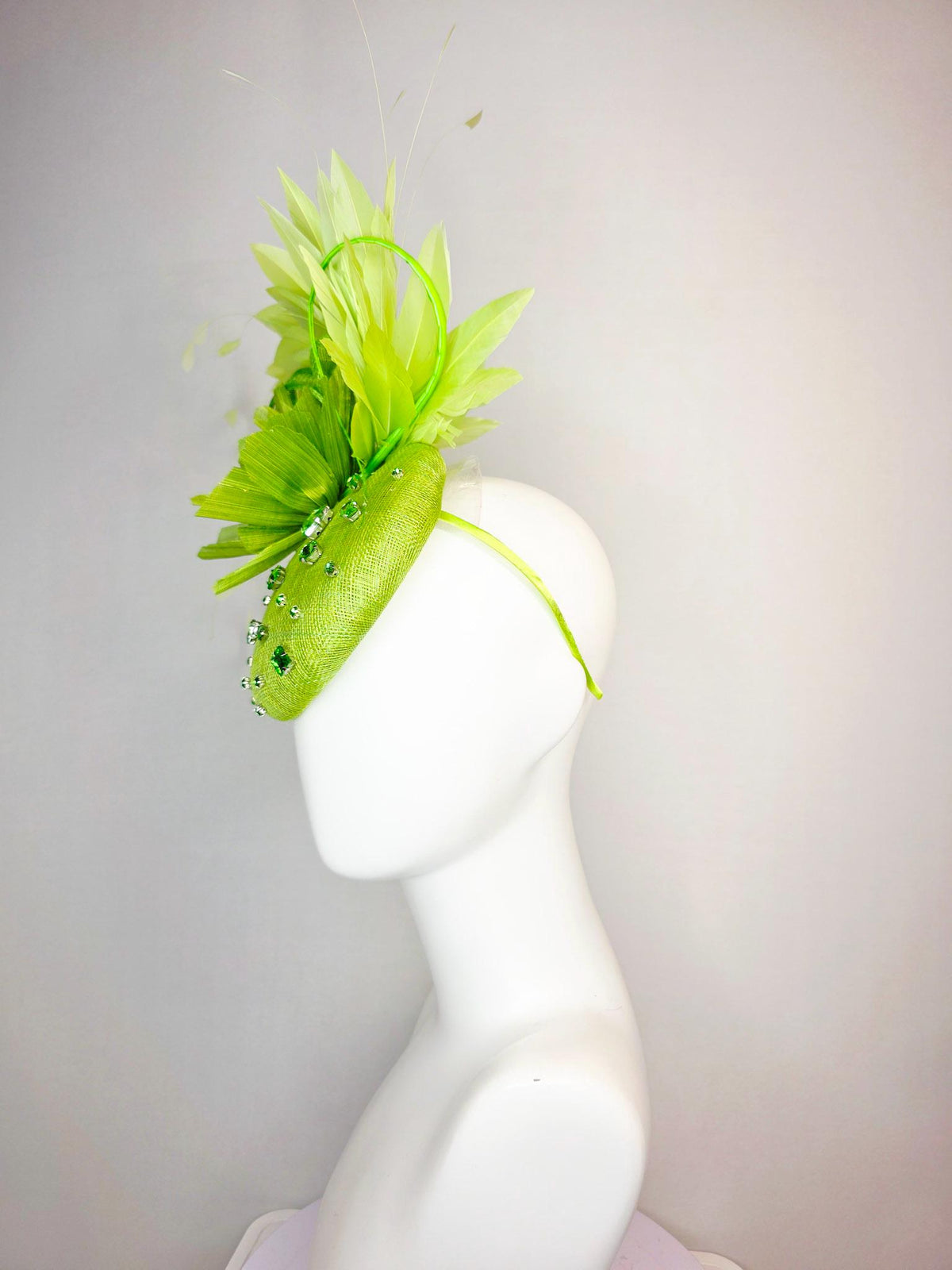 kentucky derby hat fascinator lime green sinamay with green crystal rhinestone jewels lime green flower chartreuse light green feathers