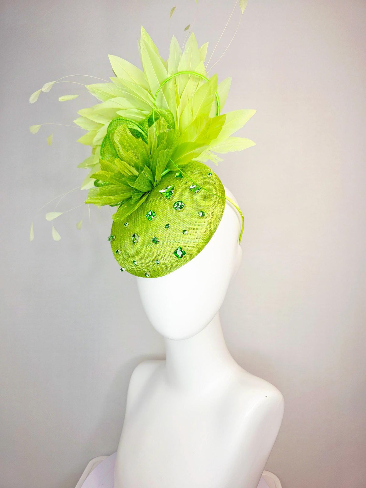 kentucky derby hat fascinator lime green sinamay with green crystal rhinestone jewels lime green flower chartreuse light green feathers