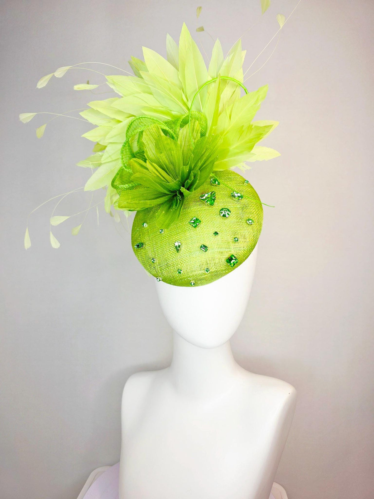 kentucky derby hat fascinator lime green sinamay with green crystal rhinestone jewels lime green flower chartreuse light green feathers