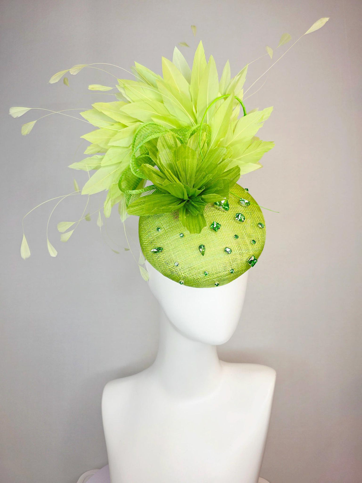 kentucky derby hat fascinator lime green sinamay with green crystal rhinestone jewels lime green flower chartreuse light green feathers