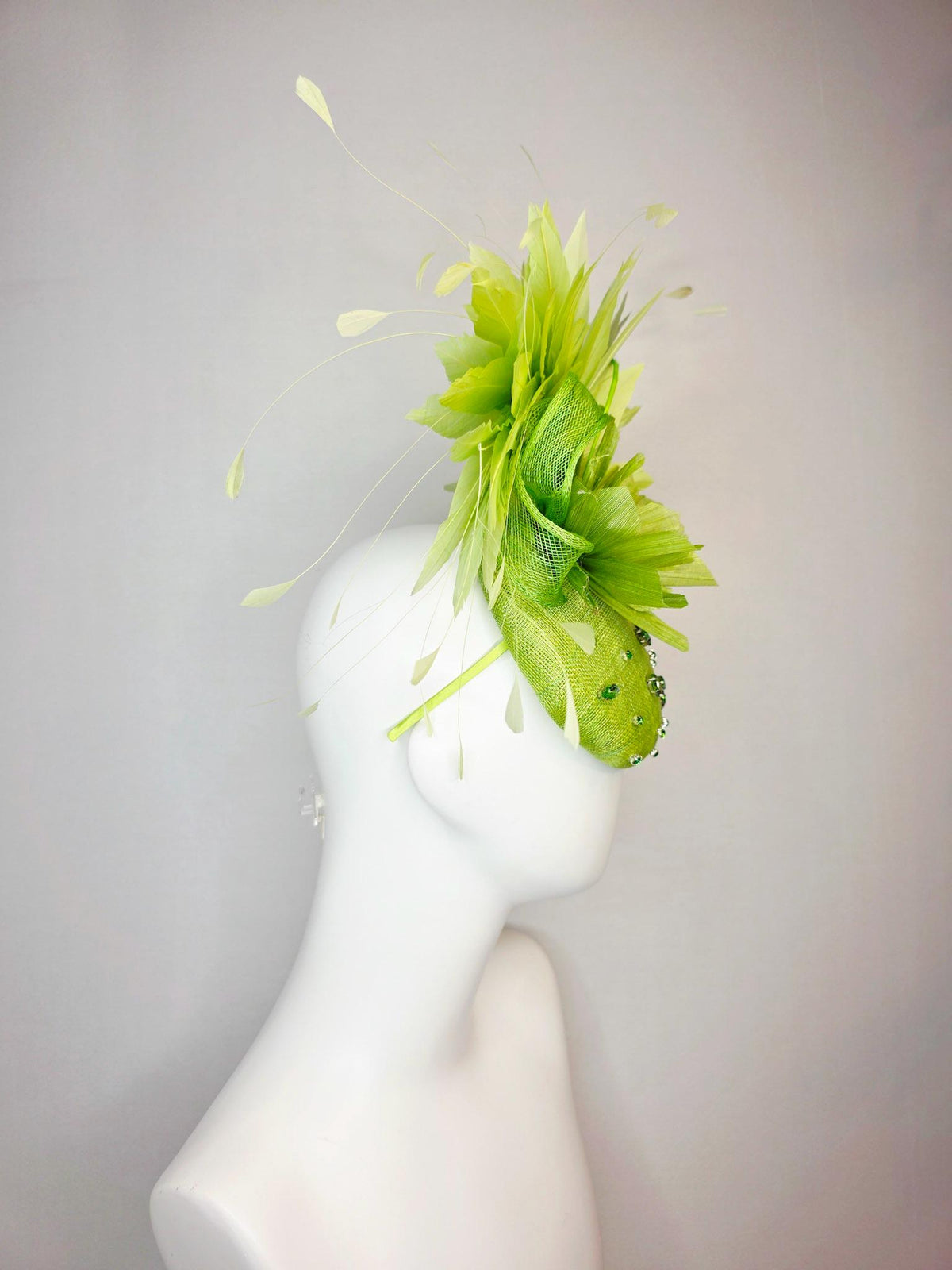 kentucky derby hat fascinator lime green sinamay with green crystal rhinestone jewels lime green flower chartreuse light green feathers