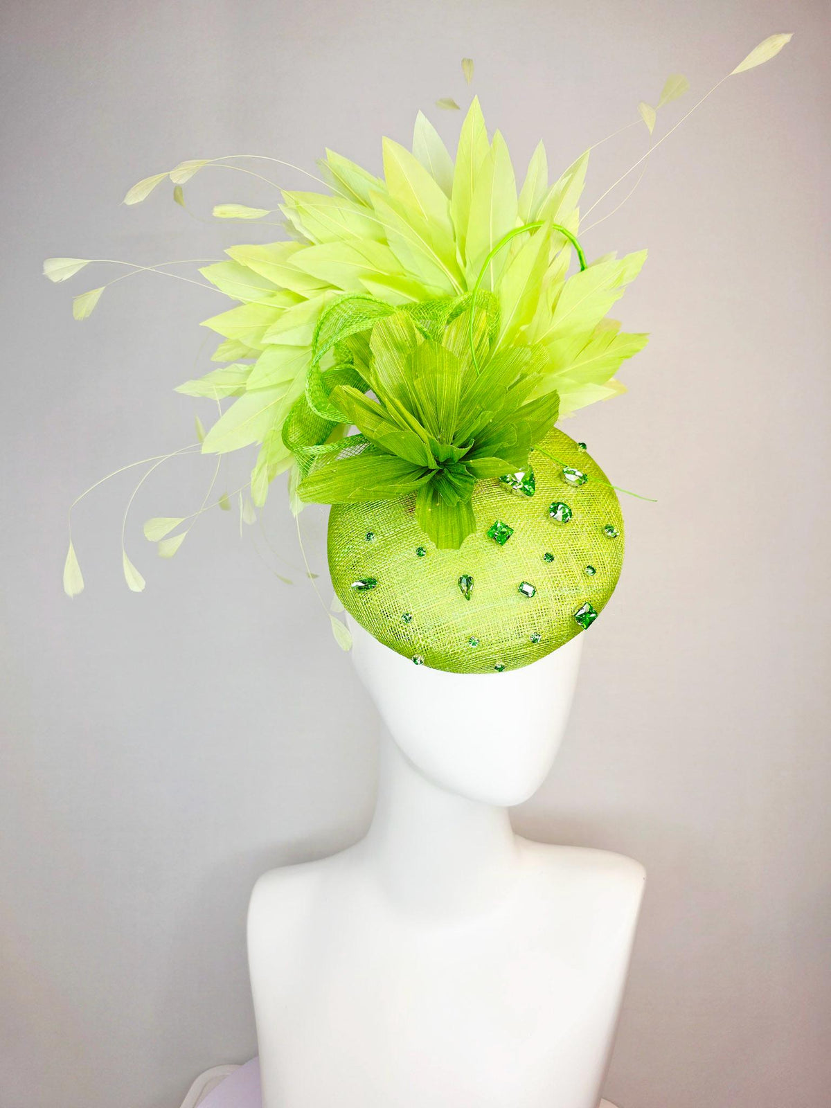 kentucky derby hat fascinator lime green sinamay with green crystal rhinestone jewels lime green flower chartreuse light green feathers