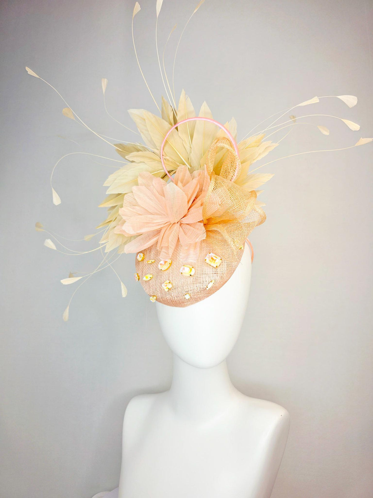 kentucky derby hat fascinator champagne pink sinamay with iridescent beige crystal rhinestone jewels light peach flower tan beige feathers