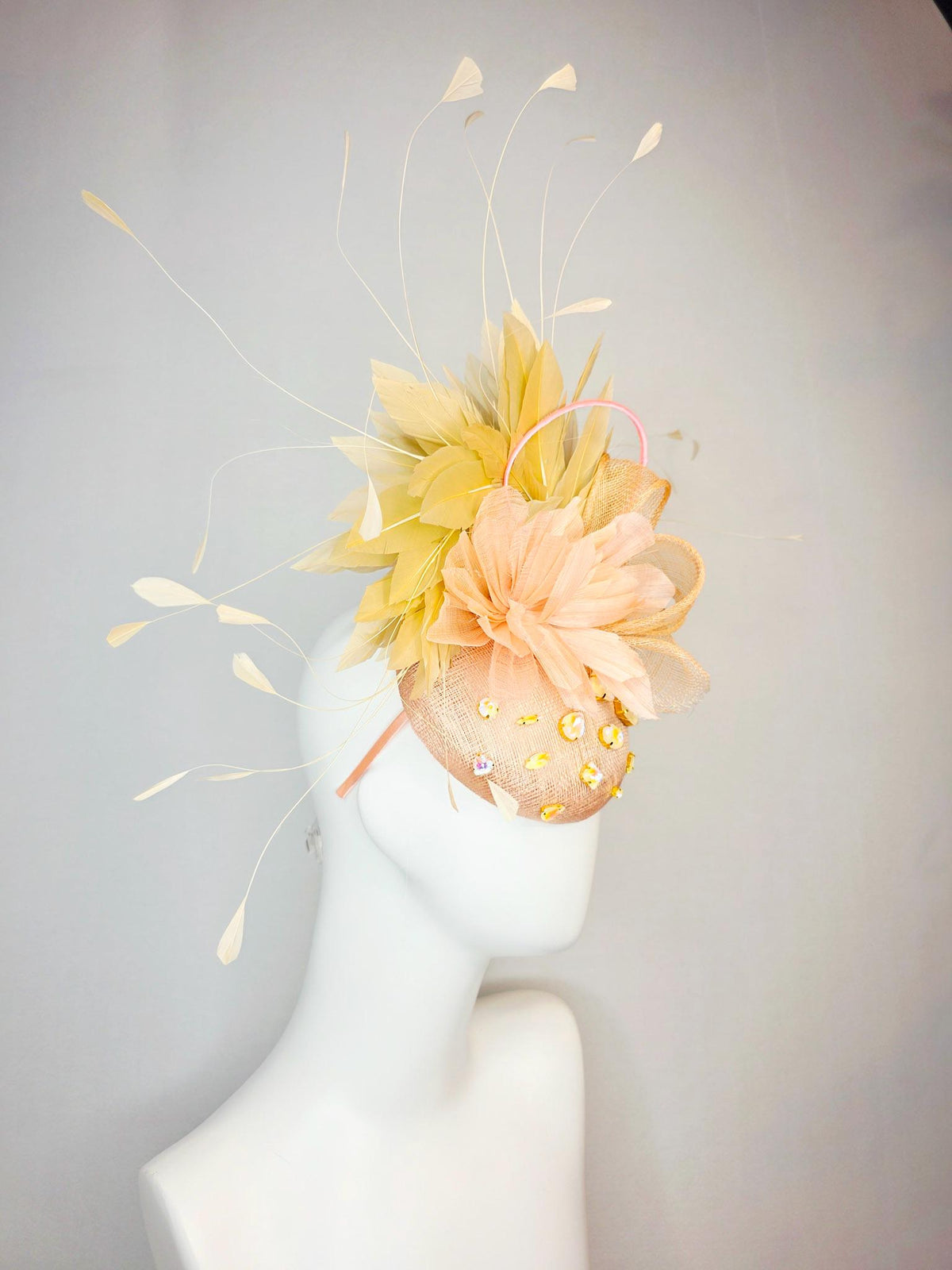 kentucky derby hat fascinator champagne pink sinamay with iridescent beige crystal rhinestone jewels light peach flower tan beige feathers