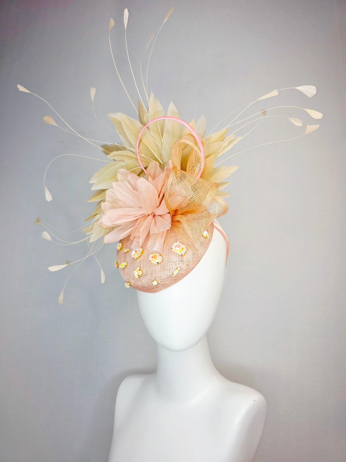 kentucky derby hat fascinator champagne pink sinamay with iridescent beige crystal rhinestone jewels light peach flower tan beige feathers