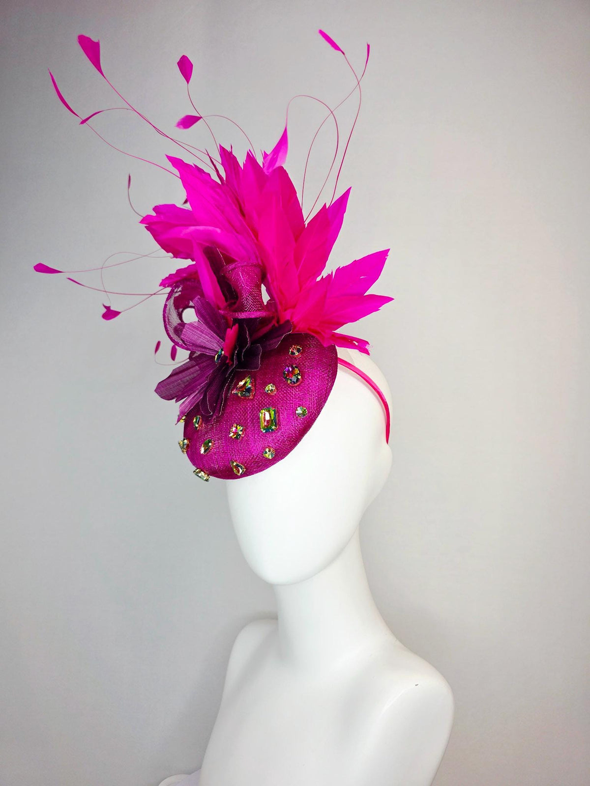 kentucky derby hat fascinator magenta pink sinamay with bow iridescent crystal rhinestone jewels magenta purple flower fuchsia pink feathers