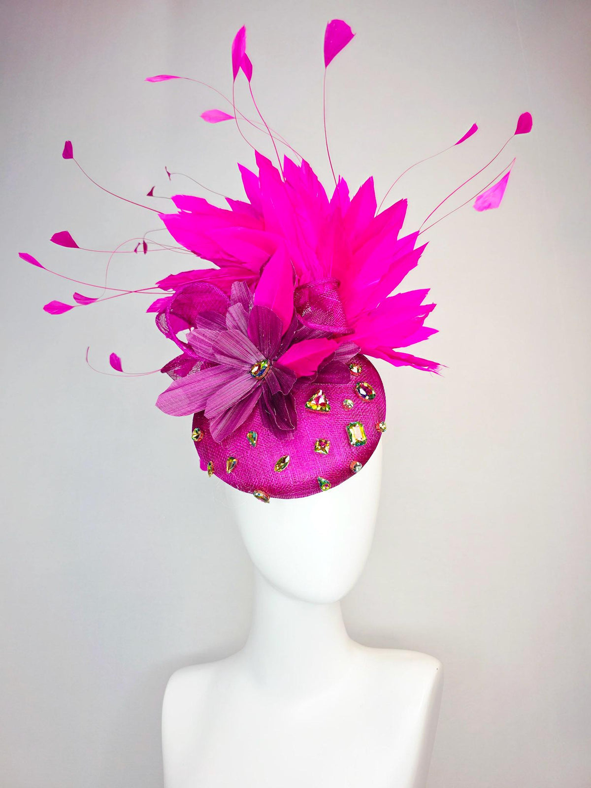 kentucky derby hat fascinator magenta pink sinamay with bow iridescent crystal rhinestone jewels magenta purple flower fuchsia pink feathers