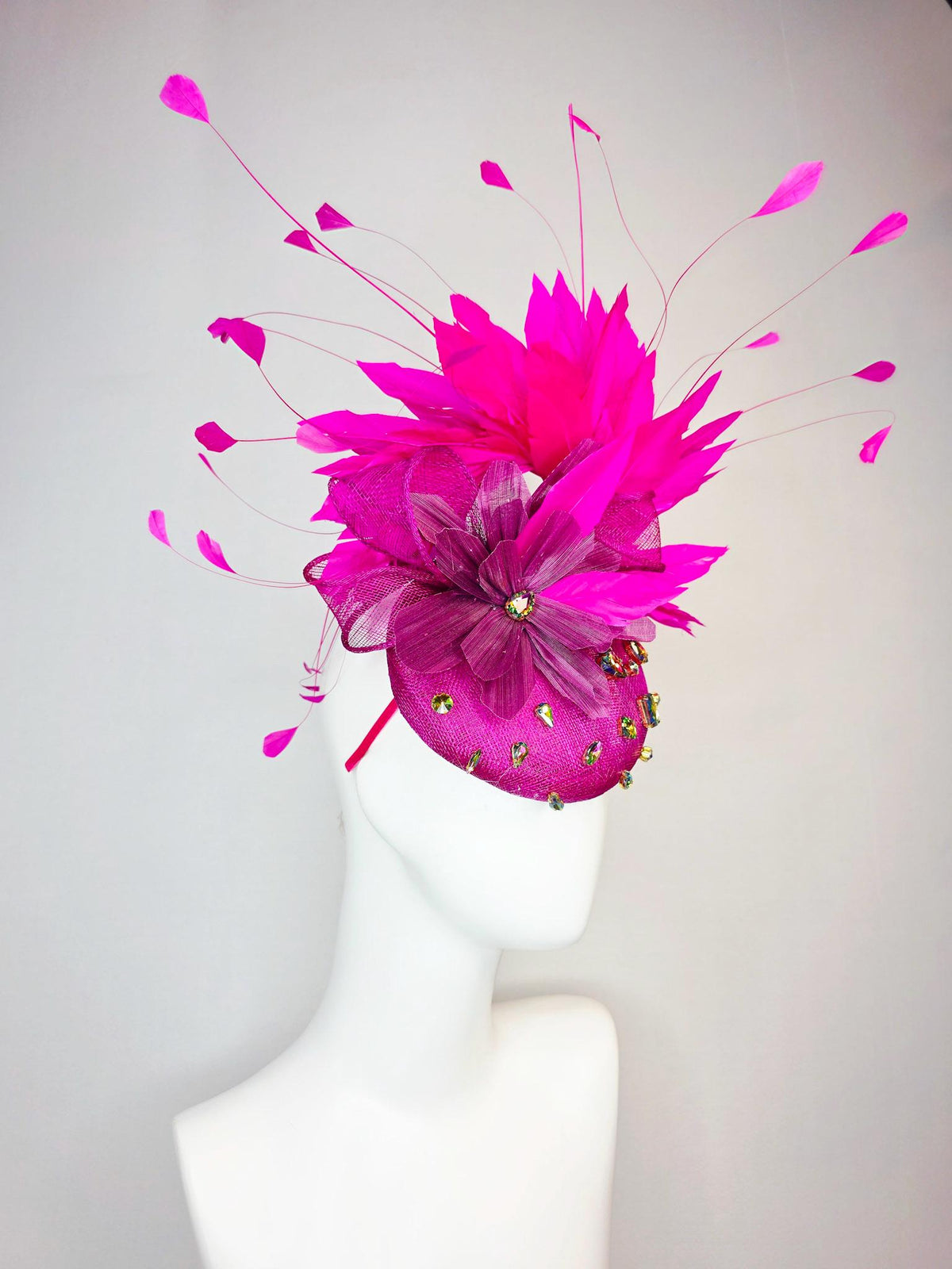 kentucky derby hat fascinator magenta pink sinamay with bow iridescent crystal rhinestone jewels magenta purple flower fuchsia pink feathers