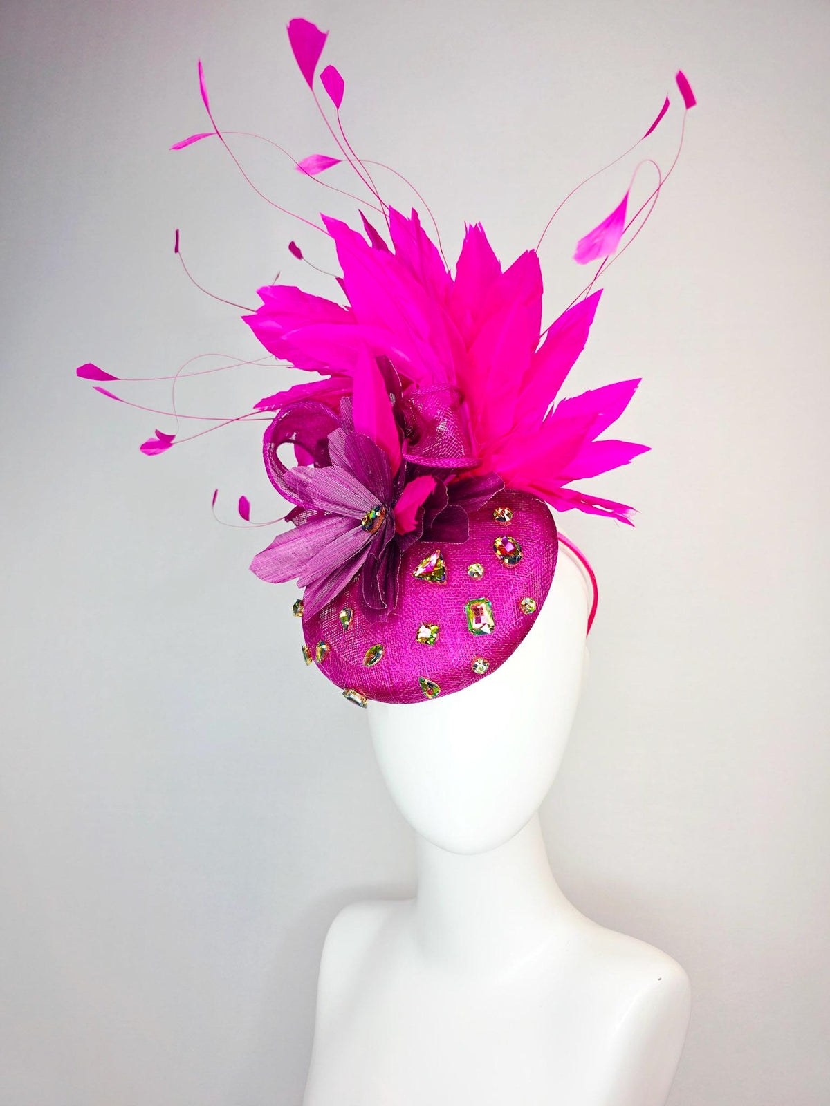 kentucky derby hat fascinator magenta pink sinamay with bow iridescent crystal rhinestone jewels magenta purple flower fuchsia pink feathers