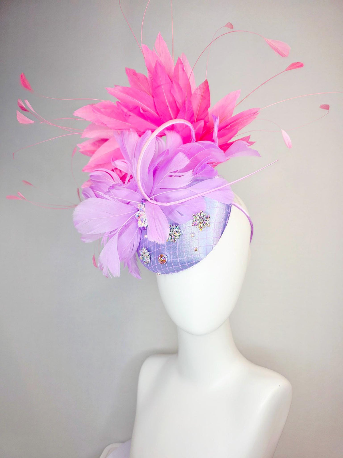kentucky derby hat fascinator lavender purple satin with netting iridescent crystal rhinestone jewels lilac purple and pink fluffy feathers