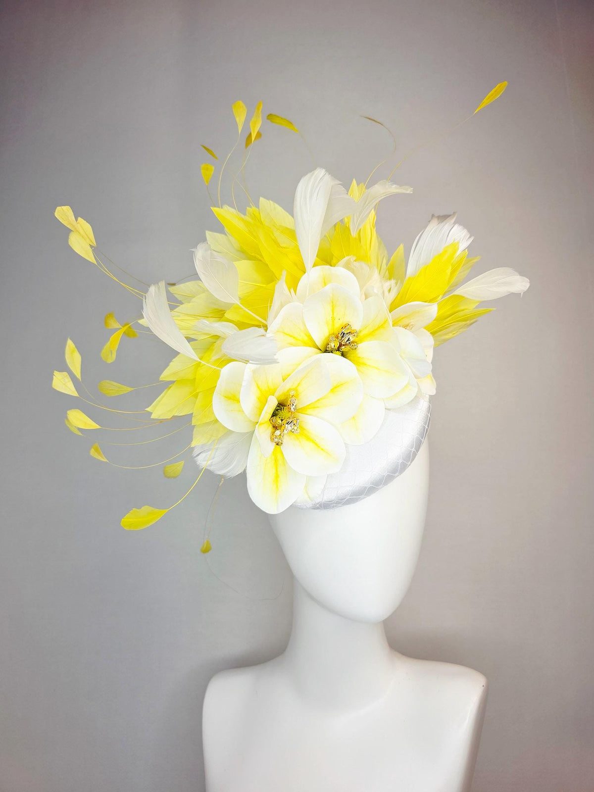 kentucky derby hat fascinator white satin with netting yellow white satin flowers crystal rhinestone center yellow white branching feathers