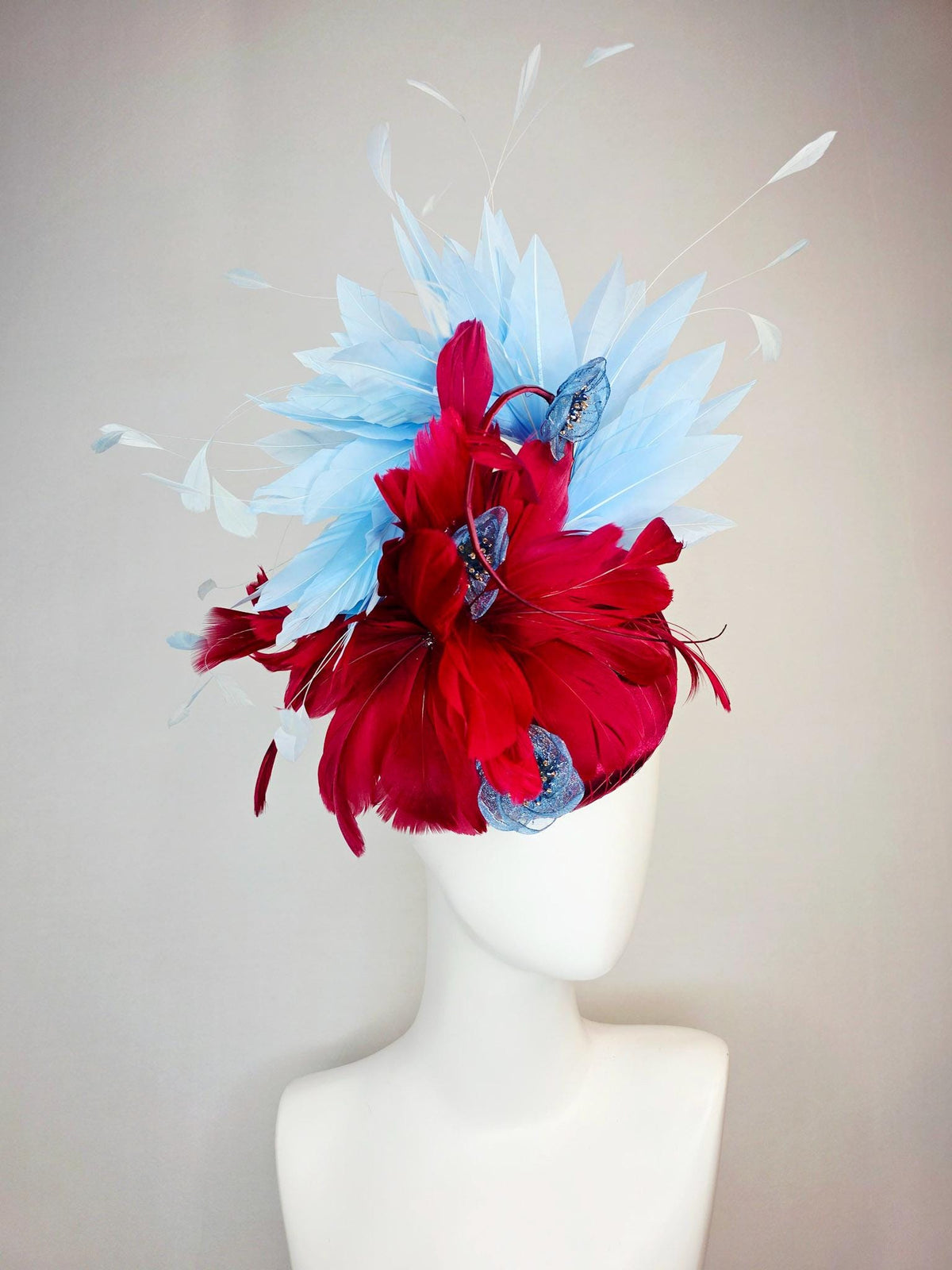 kentucky derby hat fascinator wine red satin with netting scarlet red sky blue branching feathers blue organza flowers rhinestone center