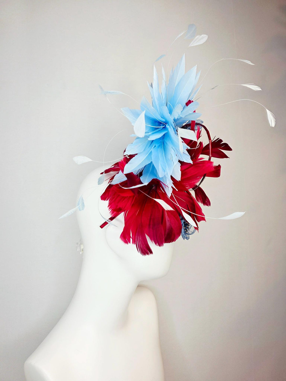kentucky derby hat fascinator wine red satin with netting scarlet red sky blue branching feathers blue organza flowers rhinestone center