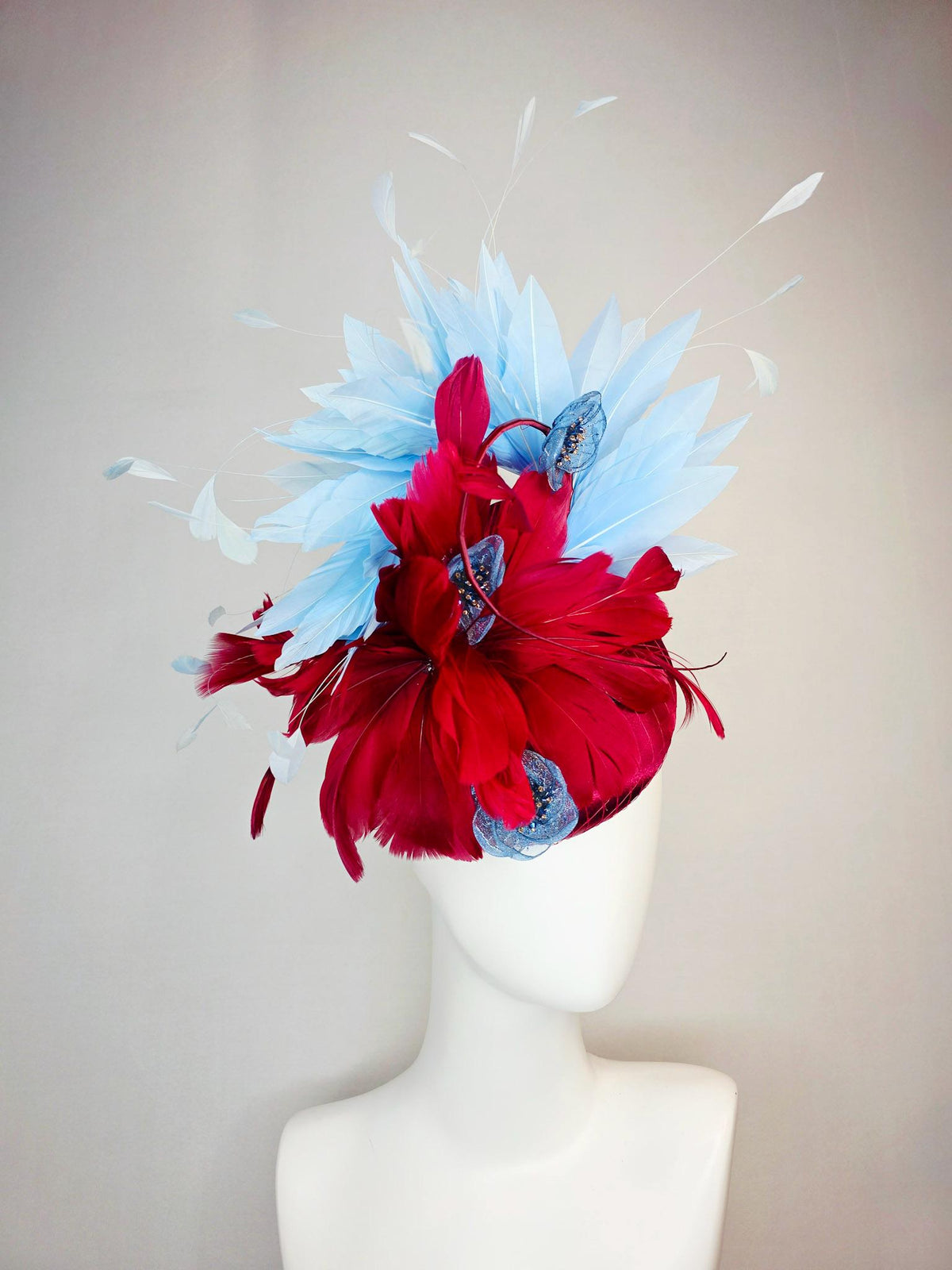 kentucky derby hat fascinator wine red satin with netting scarlet red sky blue branching feathers blue organza flowers rhinestone center