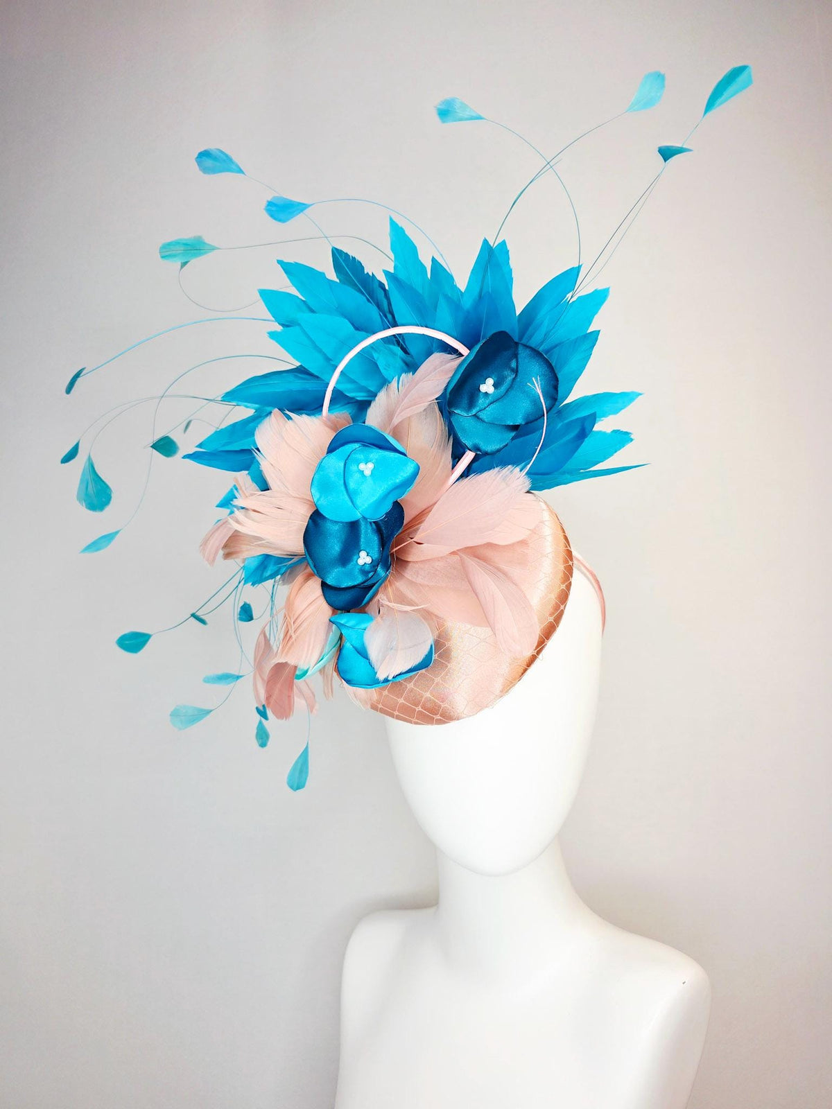 kentucky derby hat fascinator champagne beige satin with netting light dusty pink sky ocean blue feathers peacock turquoise satin flowers