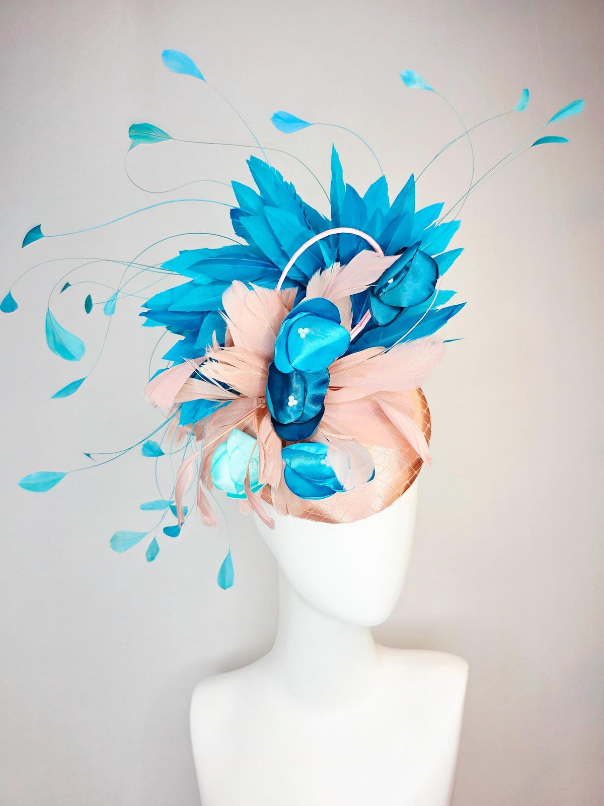 kentucky derby hat fascinator champagne beige satin with netting light dusty pink sky ocean blue feathers peacock turquoise satin flowers