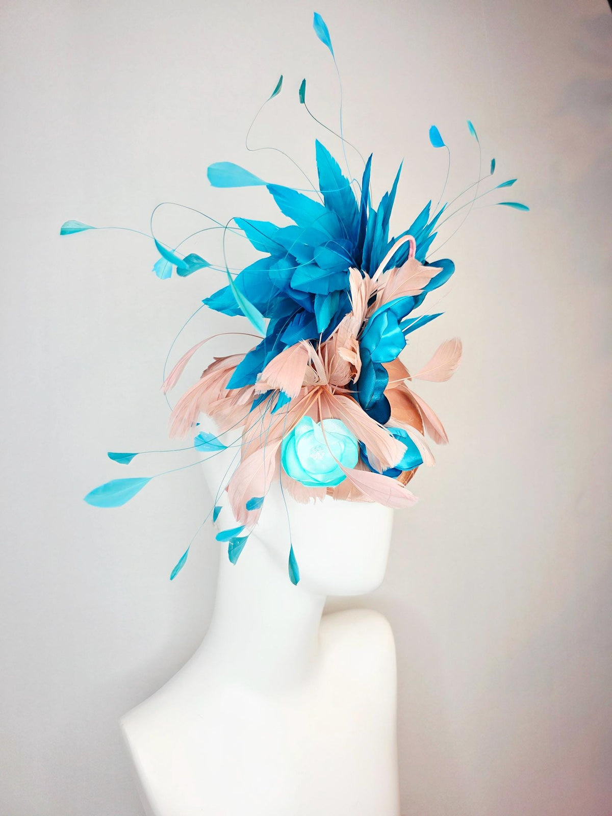 kentucky derby hat fascinator champagne beige satin with netting light dusty pink sky ocean blue feathers peacock turquoise satin flowers