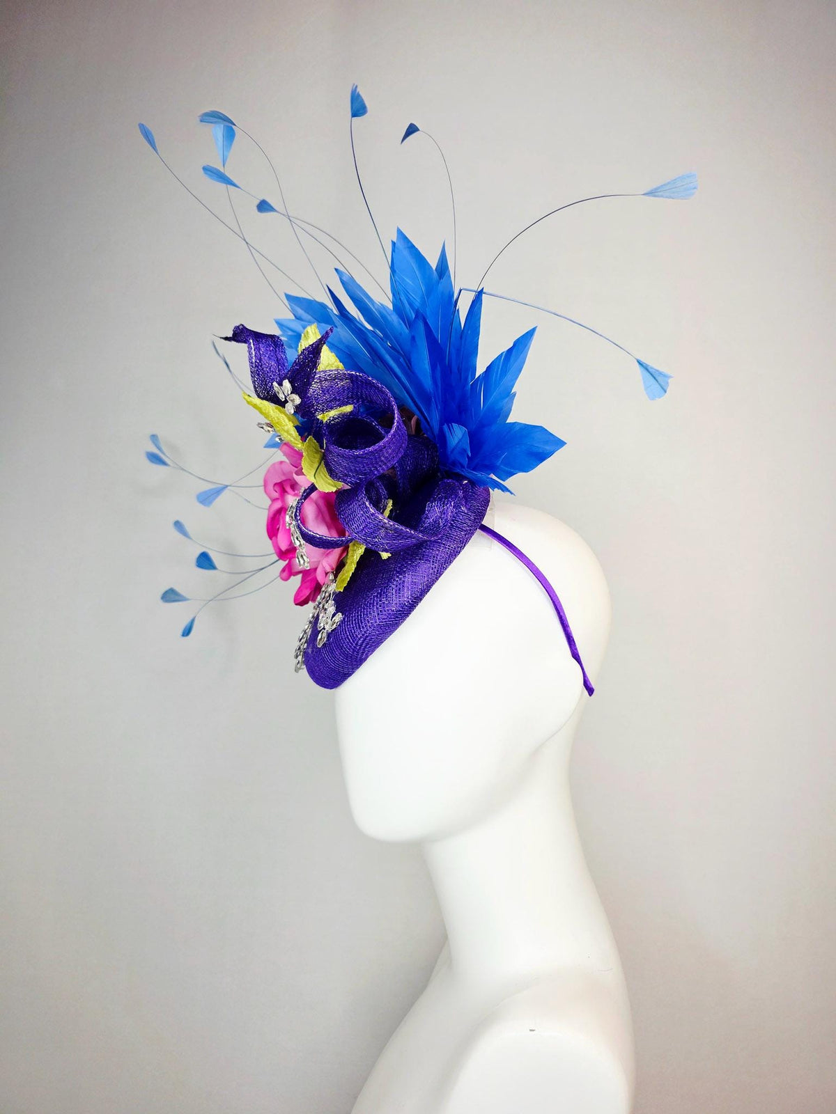 kentucky derby hat fascinator purple sinamay with curls leaf vine crystals pink satin rose mustard yellow leaves cobalt royal blue feathers