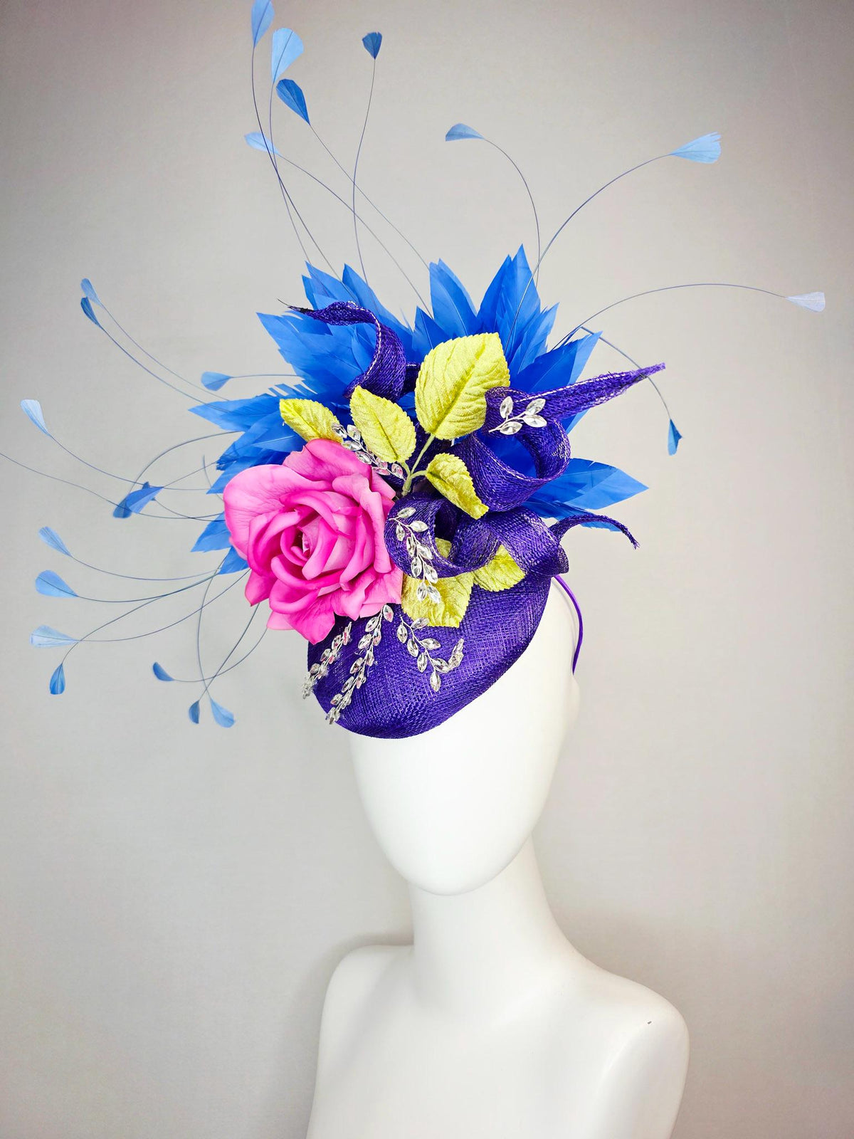 kentucky derby hat fascinator purple sinamay with curls leaf vine crystals pink satin rose mustard yellow leaves cobalt royal blue feathers