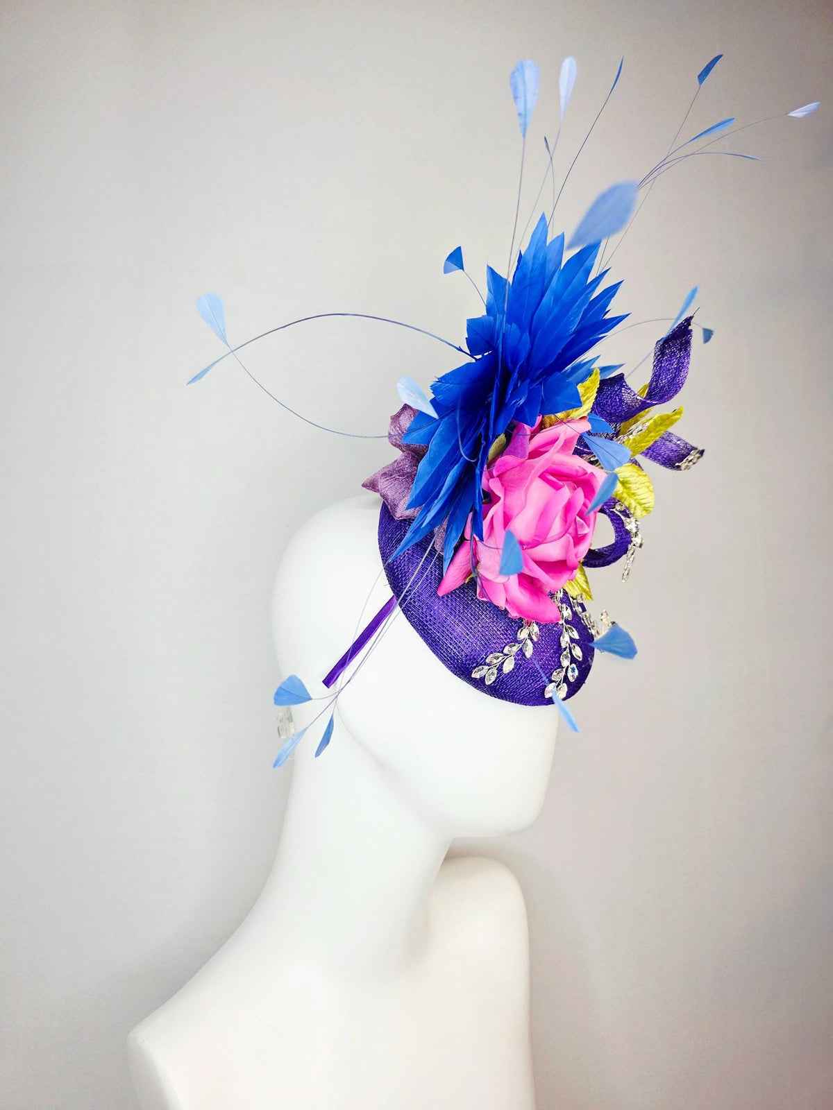 kentucky derby hat fascinator purple sinamay with curls leaf vine crystals pink satin rose mustard yellow leaves cobalt royal blue feathers