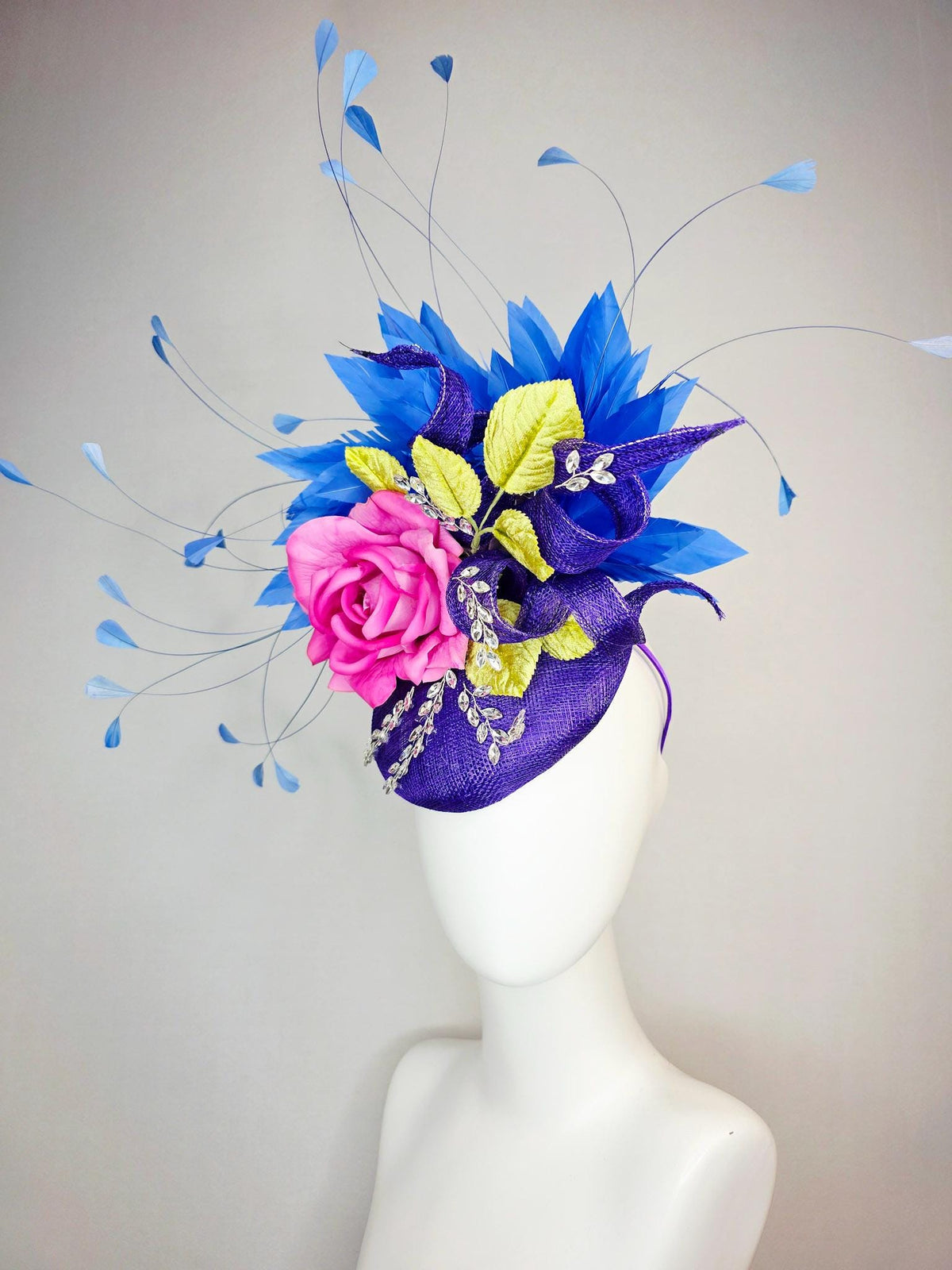 kentucky derby hat fascinator purple sinamay with curls leaf vine crystals pink satin rose mustard yellow leaves cobalt royal blue feathers