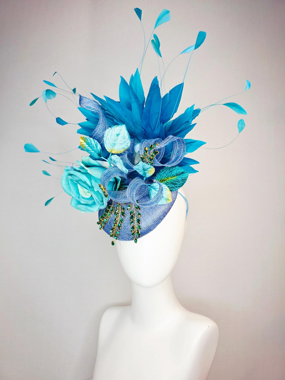 kentucky derby hat fascinator denim blue sinamay with curls leaf vine green crystals turquoise aqua blue satin rose sky ocean blue feathers