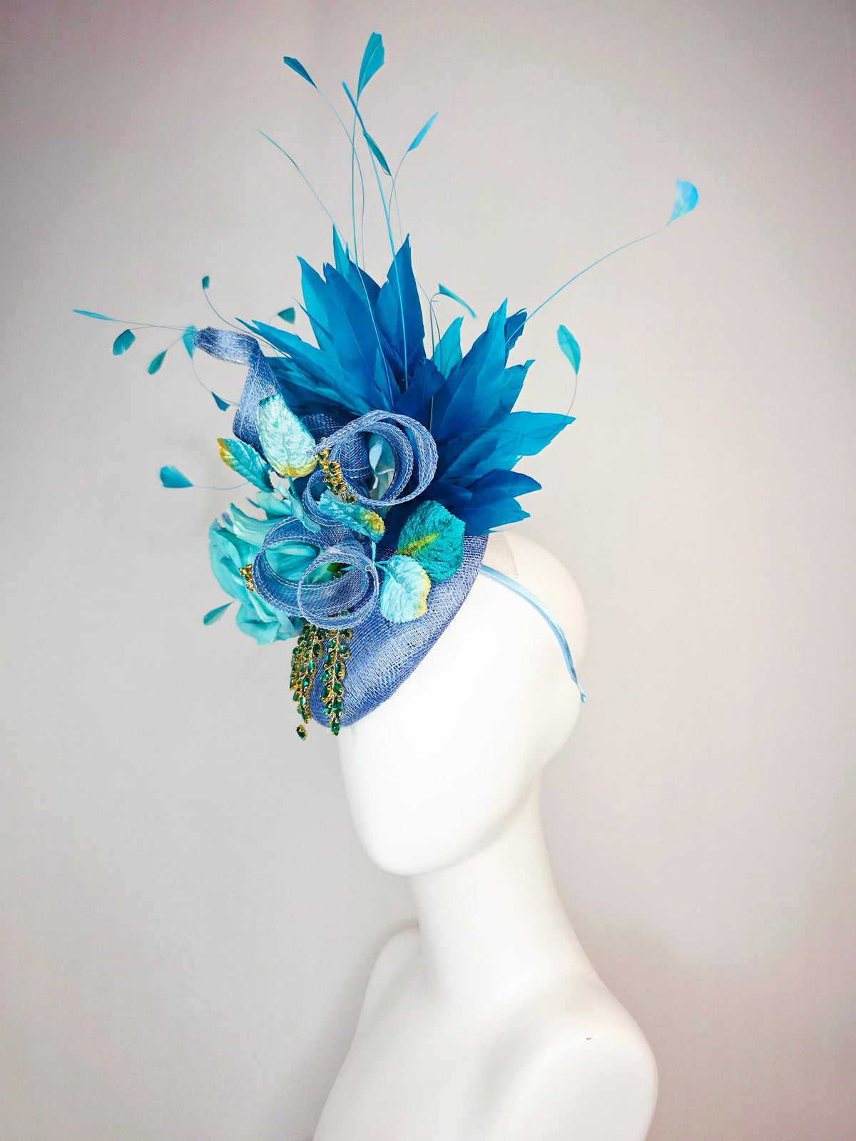 kentucky derby hat fascinator denim blue sinamay with curls leaf vine green crystals turquoise aqua blue satin rose sky ocean blue feathers