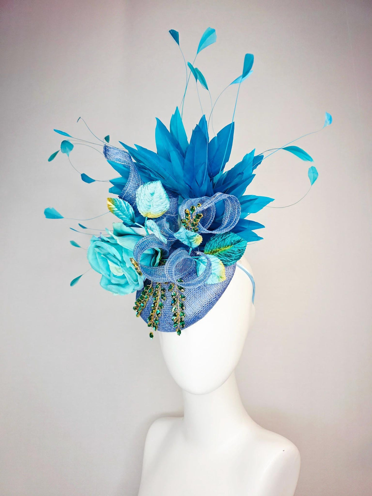kentucky derby hat fascinator denim blue sinamay with curls leaf vine green crystals turquoise aqua blue satin rose sky ocean blue feathers