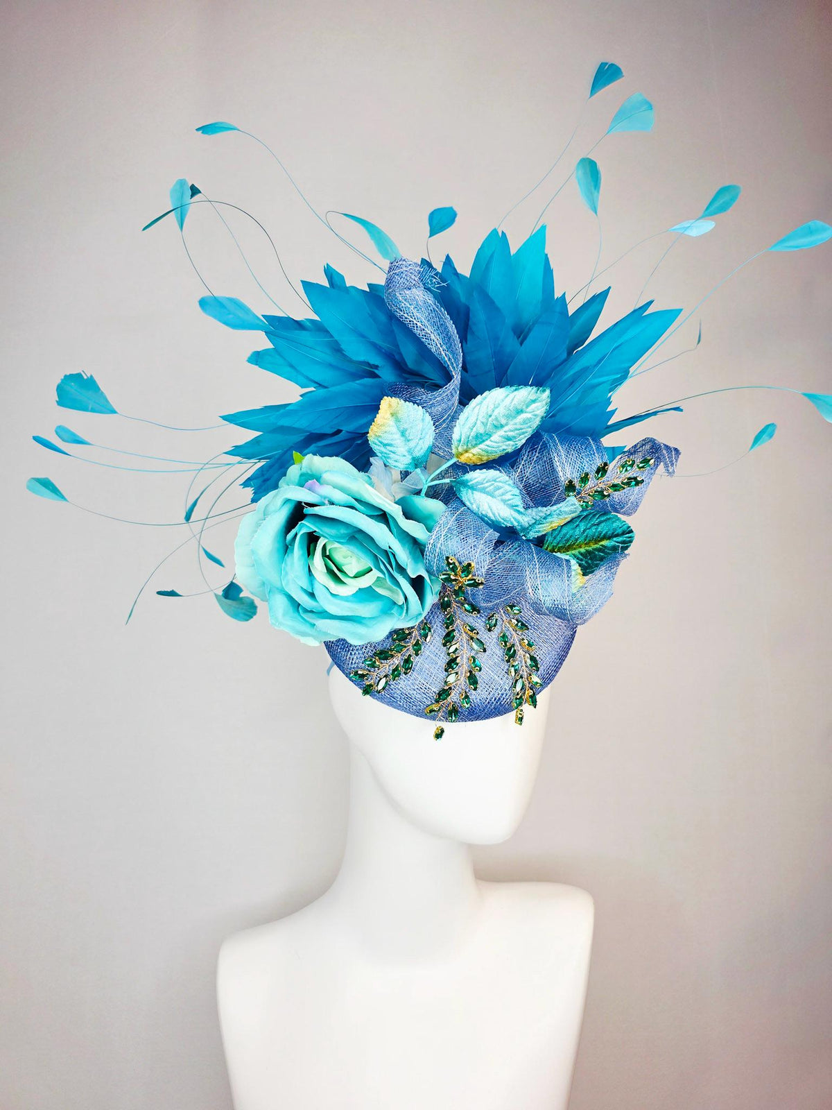 kentucky derby hat fascinator denim blue sinamay with curls leaf vine green crystals turquoise aqua blue satin rose sky ocean blue feathers