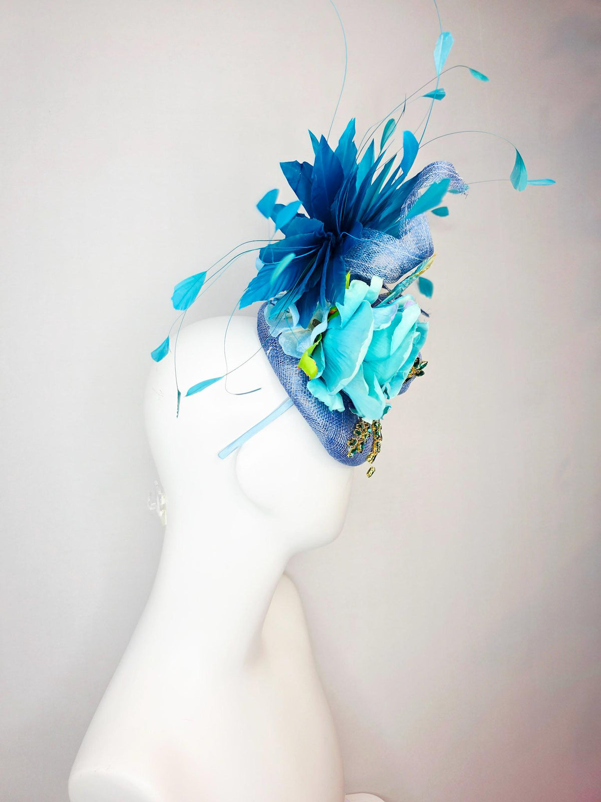 kentucky derby hat fascinator denim blue sinamay with curls leaf vine green crystals turquoise aqua blue satin rose sky ocean blue feathers