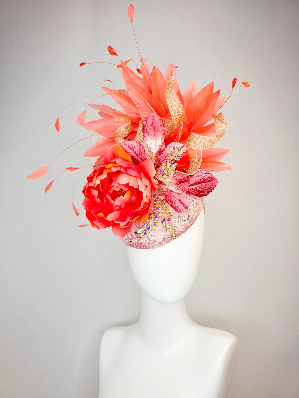 kentucky derby hat fascinator champagne pink sinamay beige curls leaf vine iridescent crystals red coral satin flower leaves orange feathers