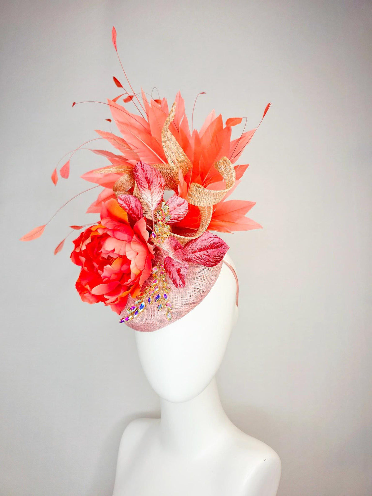 kentucky derby hat fascinator champagne pink sinamay beige curls leaf vine iridescent crystals red coral satin flower leaves orange feathers