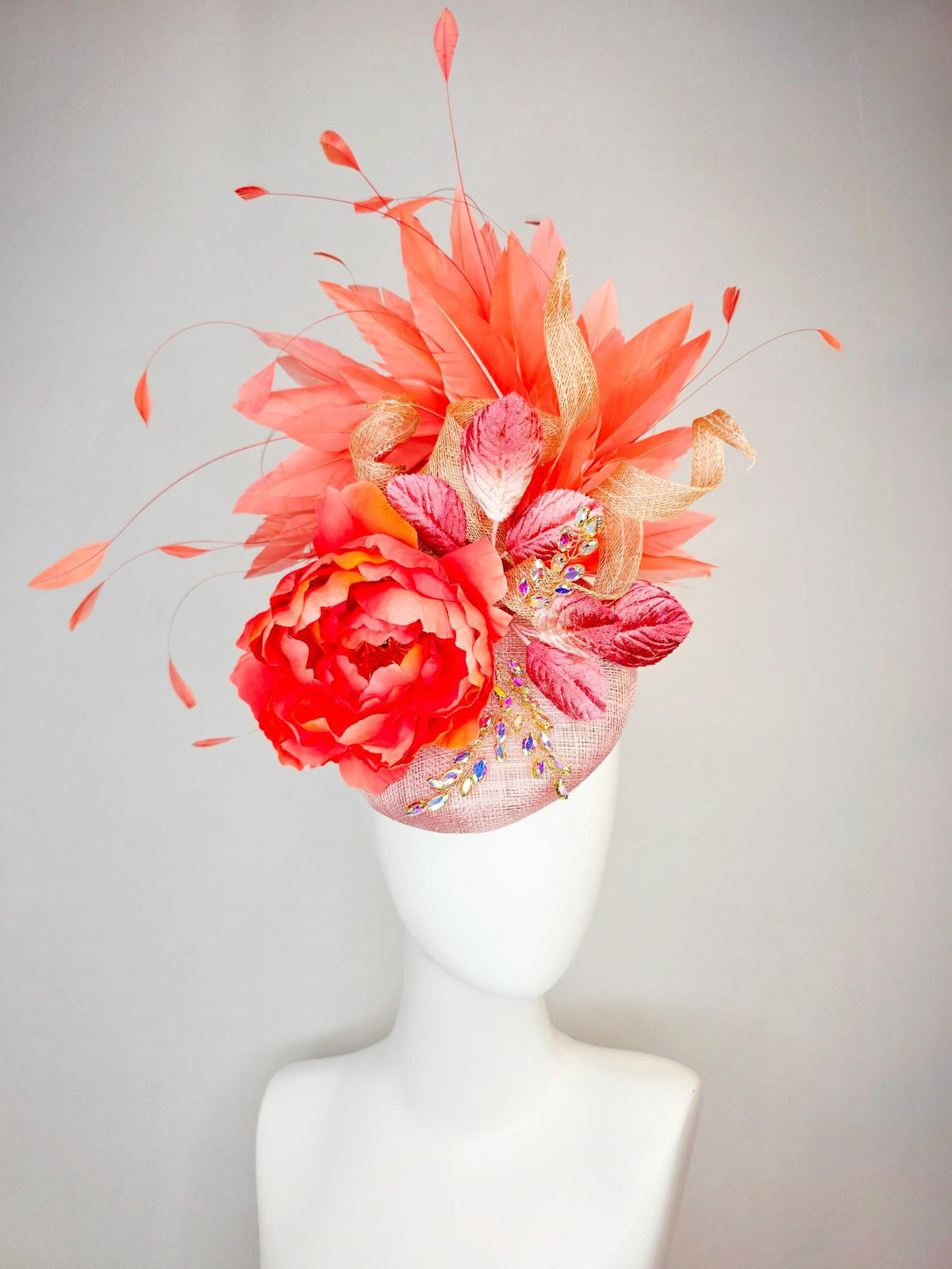 kentucky derby hat fascinator champagne pink sinamay beige curls leaf vine iridescent crystals red coral satin flower leaves orange feathers