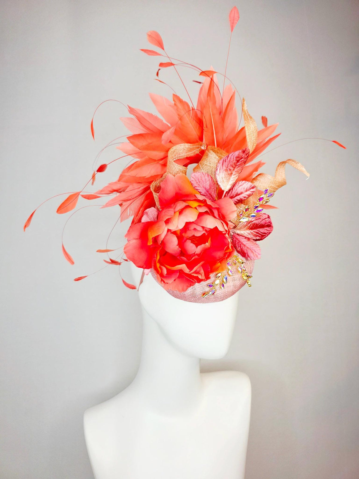 kentucky derby hat fascinator champagne pink sinamay beige curls leaf vine iridescent crystals red coral satin flower leaves orange feathers