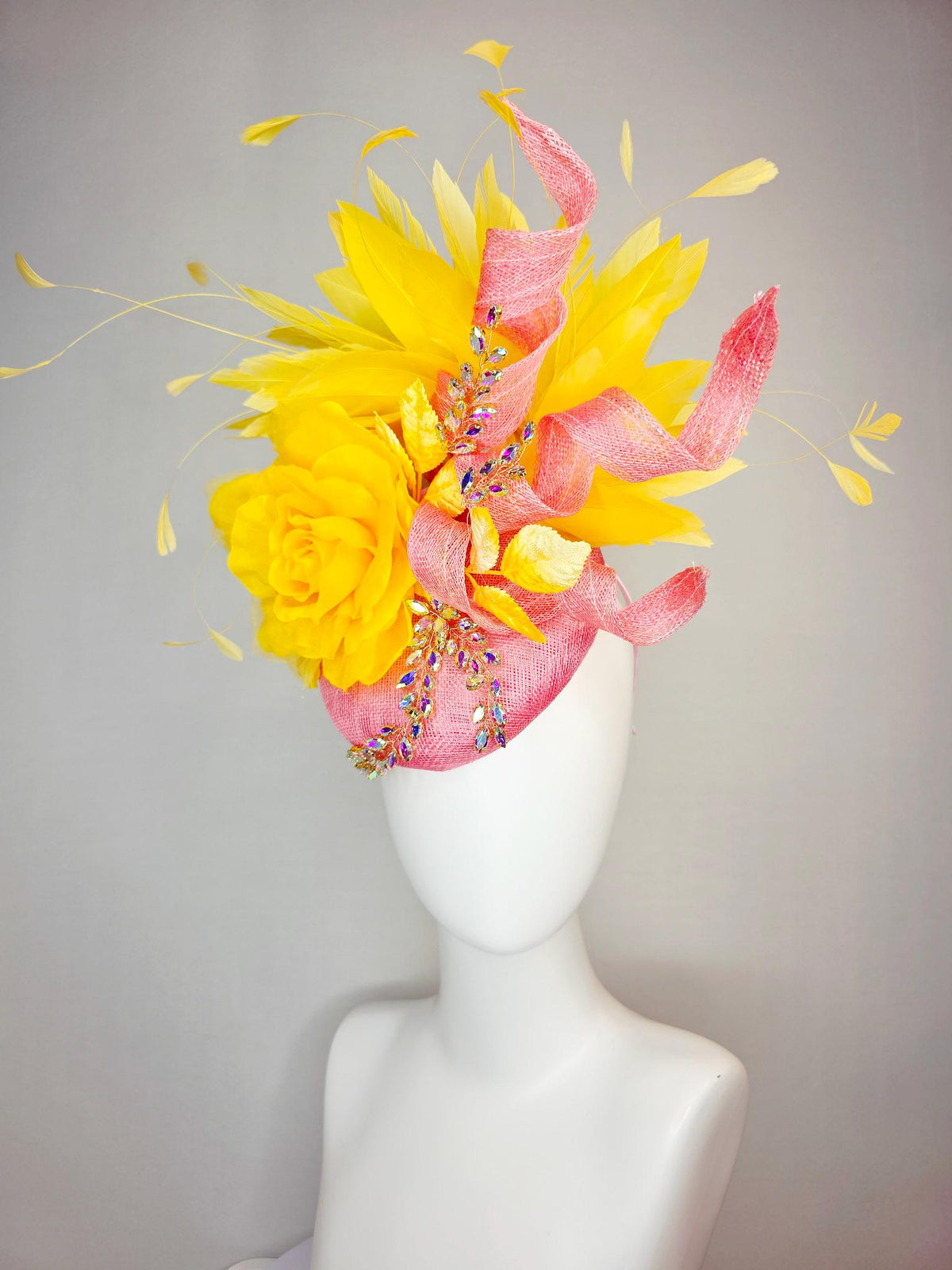 kentucky derby hat fascinator blush pink sinamay with curls leaf vine iridescent crystal rhinestone yellow satin rose yellow gold feathers